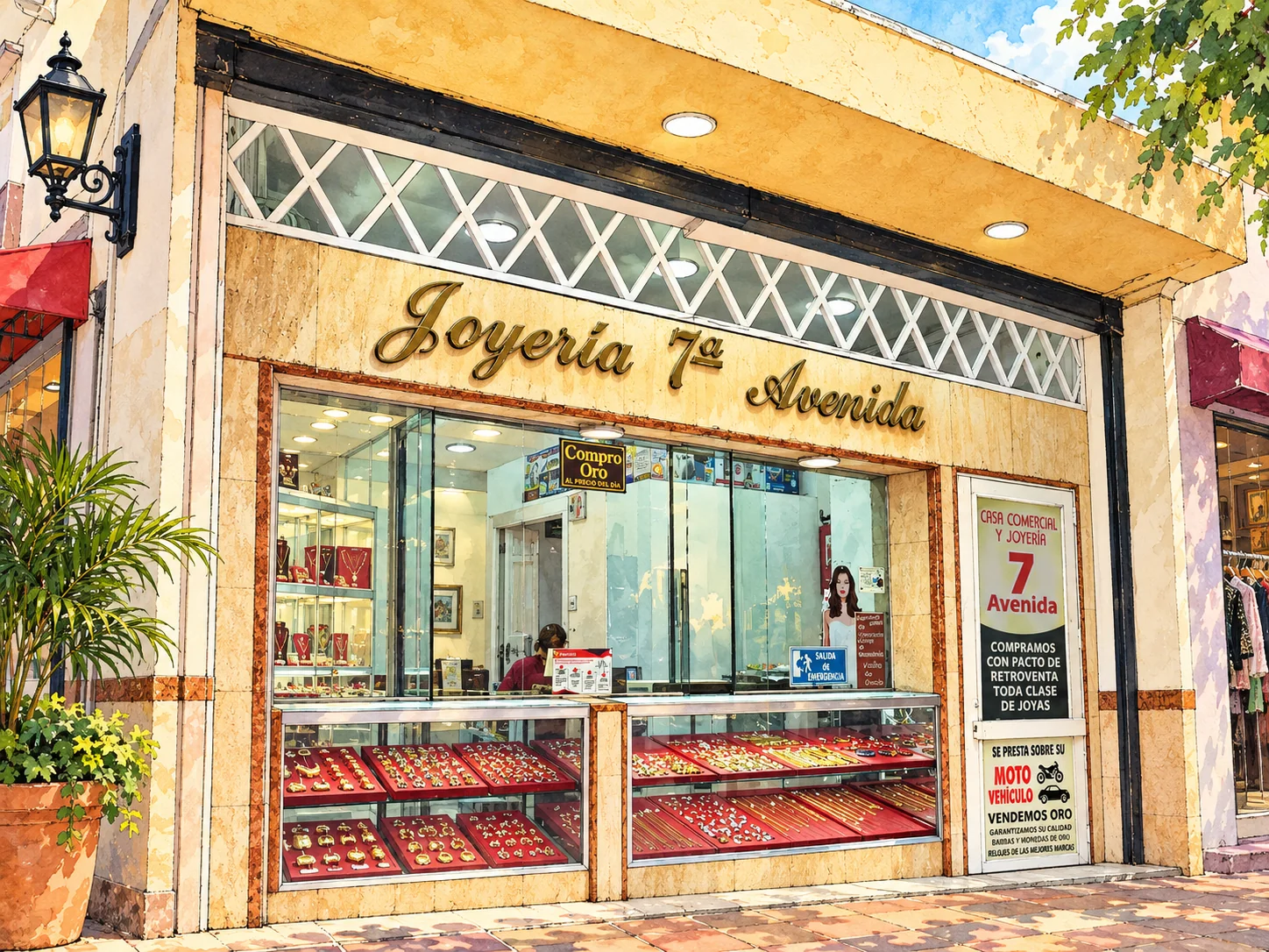 Ilustración editorial de la fachada de 7ª Avenida