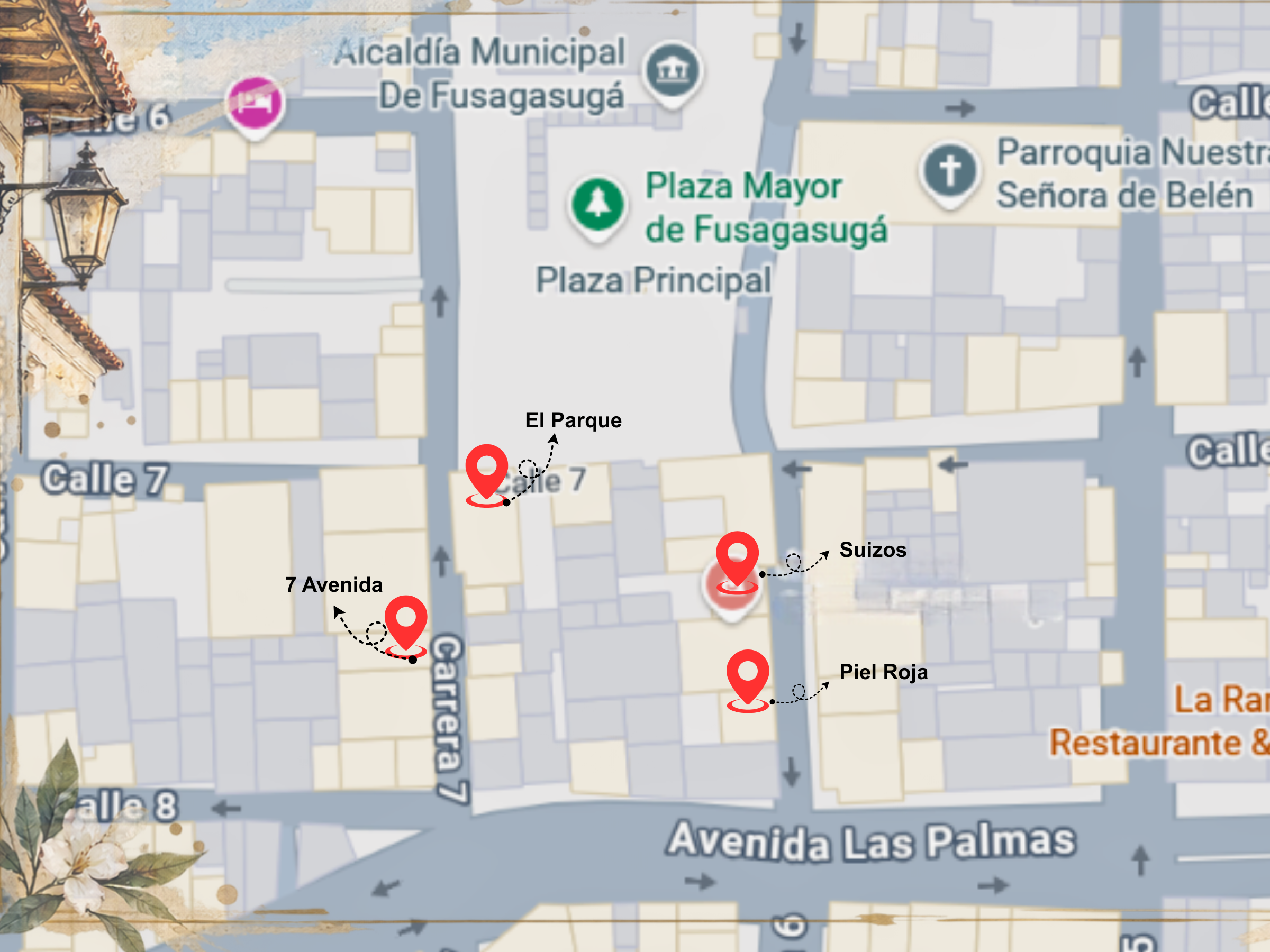 Mapa ilustrado de Fusagasugá con las ubicaciones de las cuatro casas